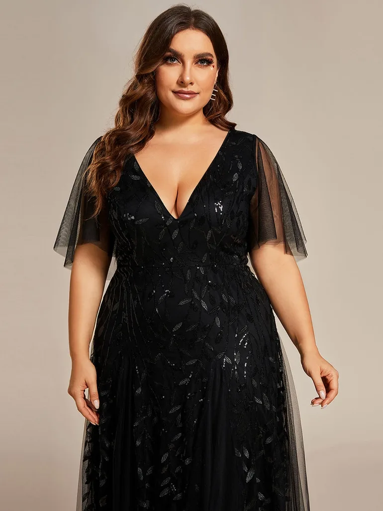 Plus Size Deep V Neck Sequin Evening Gown With Short Sleeves - 2