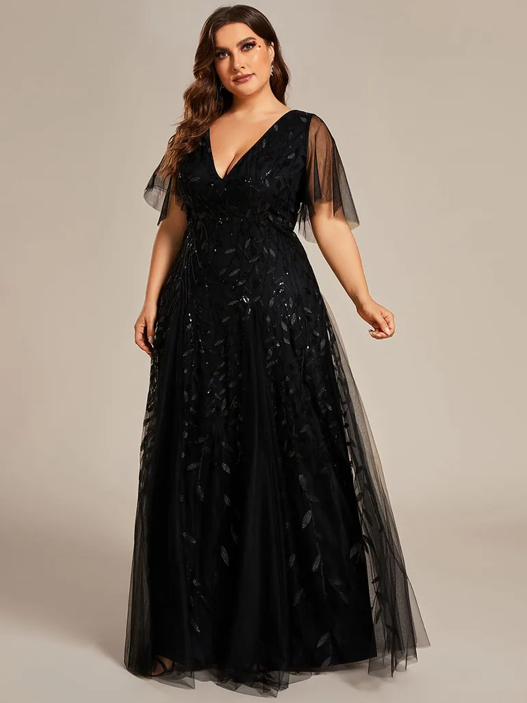 Plus Size Deep V Neck Sequin Evening Gown With Short Sleeves