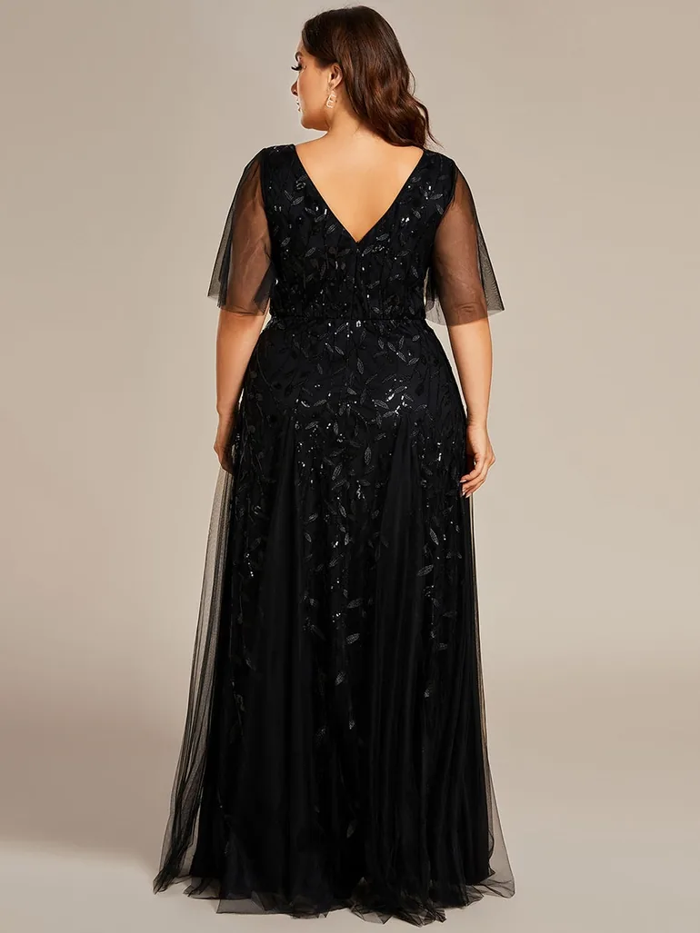 Plus Size Deep V Neck Sequin Evening Gown With Short Sleeves - 3