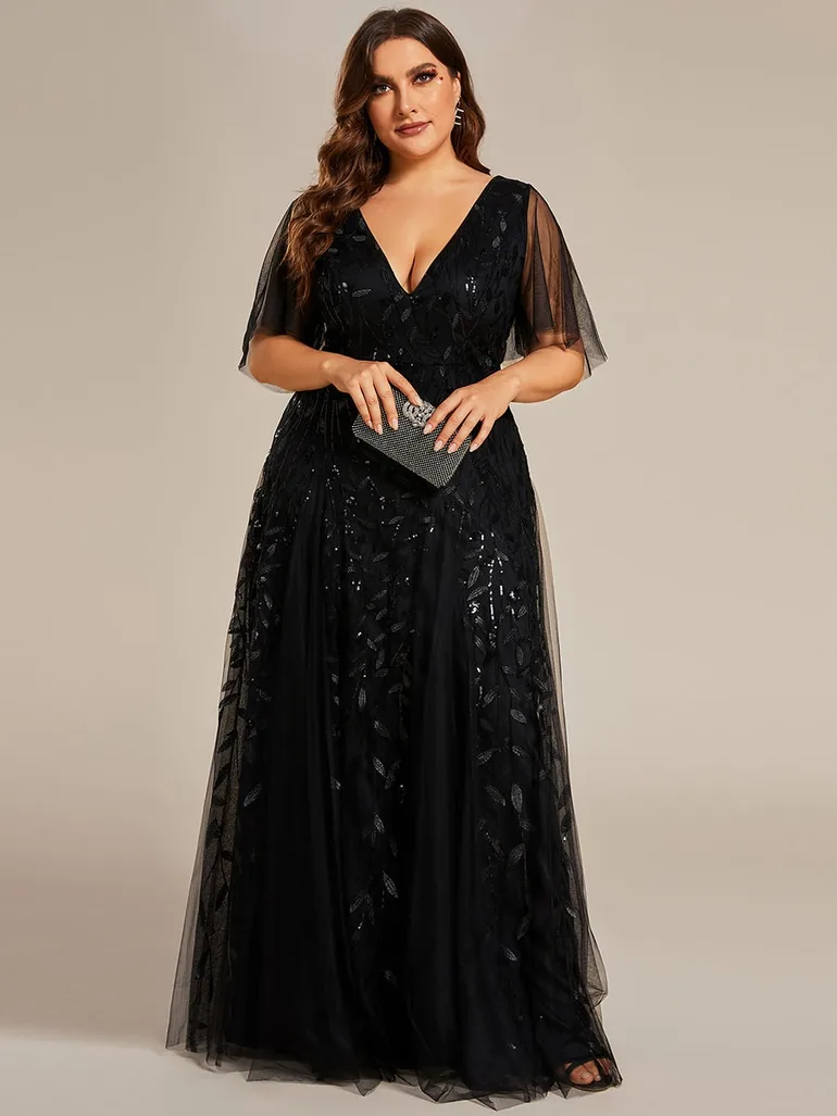 Plus Size Deep V Neck Sequin Evening Gown With Short Sleeves - 1
