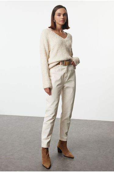 Stone Wide Pattern Deep V Neck Knitwear Sweater