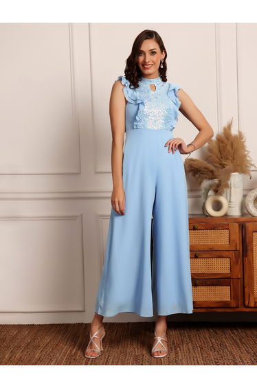Embellished Key-Hole Neck Sleeveless Ruffle Detail Jumpsuit