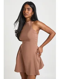 Halterneck Volume Skirt Mini Dress - chocolate - 1