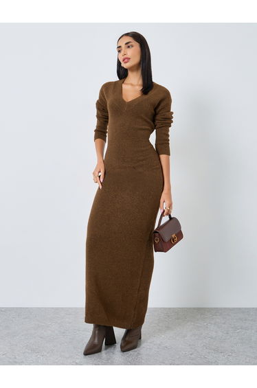 Brown Knit Long Sleeves Maxi Dress