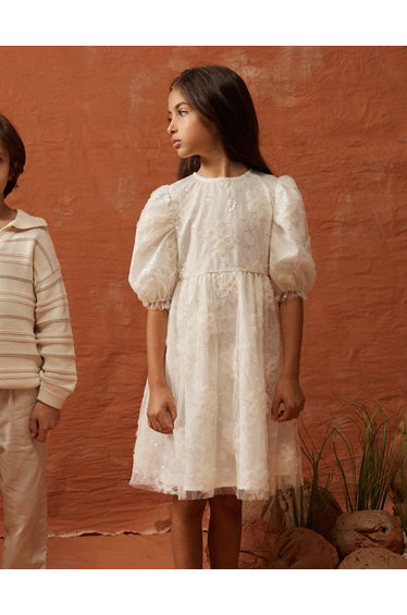 Dress with balloon sleeves and 3D flowers for girls white