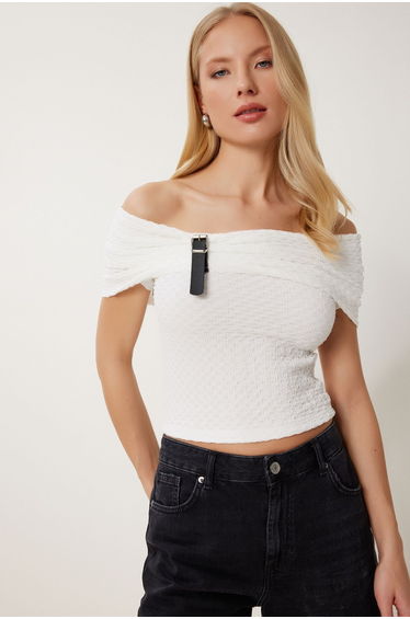 Women's White Belt Band Detailed Carmen Collar Stretchy Knitted Blouse