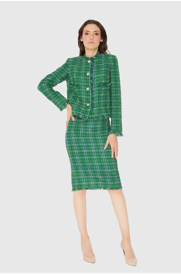 Stone Button Detailed Checkered Tweed Green Suit