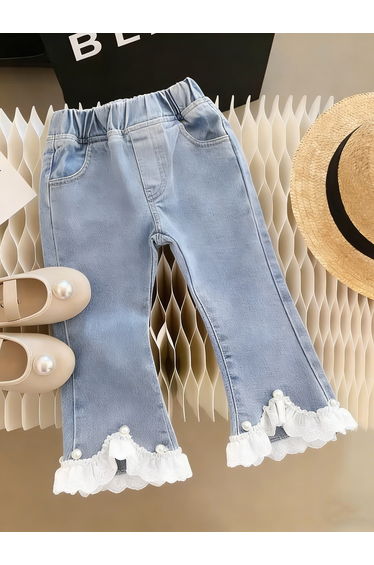 Girls Blue Flare Jeans with Lace Trim