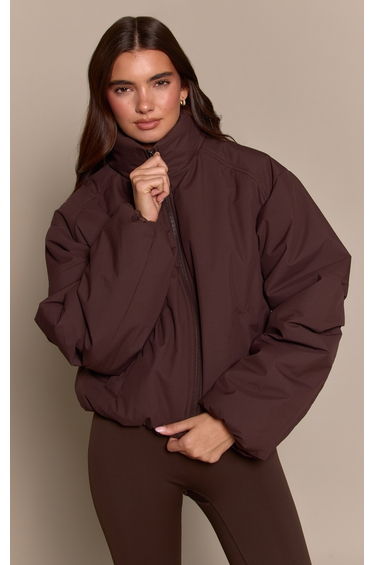 Chocolate Funnel Neck Cocoon Sleeve Zip Through Jacket