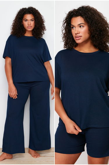 Navy Blue Single Jersey Knitted Plus Size Pajamas Set