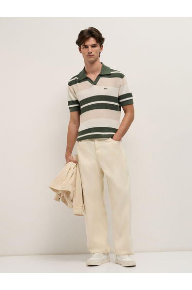 Men Cotton Striped Flat Knit Relaxed Fit Polo