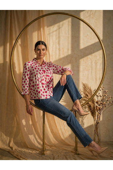 White Gathered Yoke Top with Polka Dots