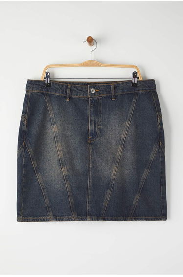 Dark Blue High Waist Stitch Detailed Denim Plus Size Skirt