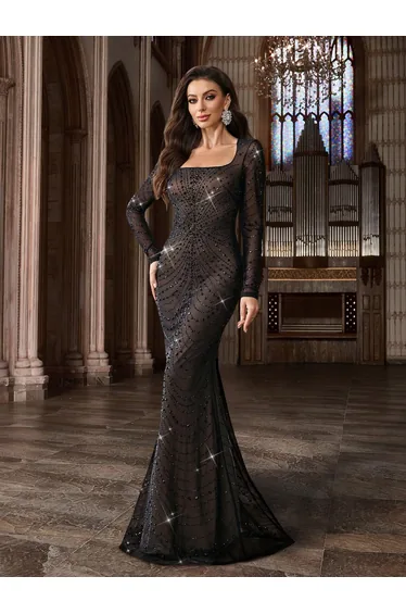 Classic Style Hot Drill Beading Square Neck Slim Long Sleeve Gown Dresses