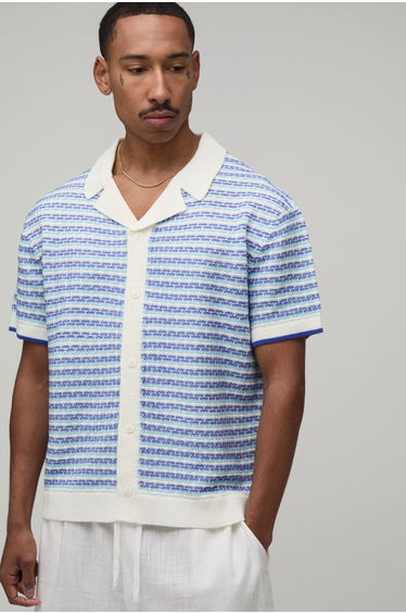 Relaxed Boxy Open Stitch Striped Knitted Shirt - blue