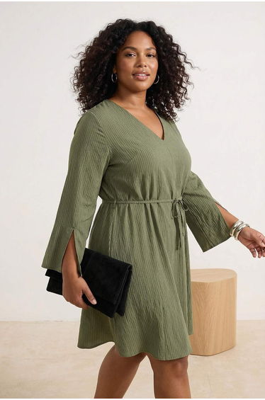 Khaki Striped Lace-Up V-Neck Mini Woven Plus Size Dress