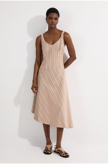 Tailored Stripe Linen Strappy Asymmetric Hem Midi Dress