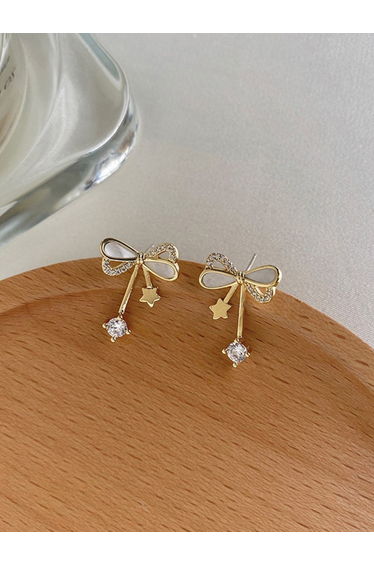 Gold Bow Stud Earrings with Crystal Dangle