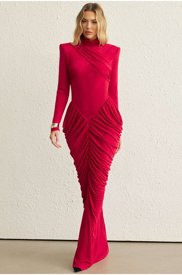 Mock Neck Shoulder Pads Crossed Ruched Backless Long-Sleeve Maxi Dress
