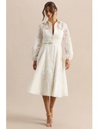 Jules | Cream Broderie High-Neck Tailored Midi Dress With Puff-Sleeves - 4