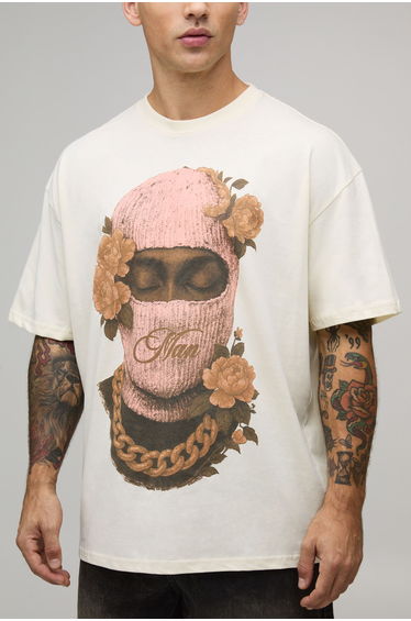 Ecru Oversized Man Floral Ski Mask Printed T-Shirt - ecru