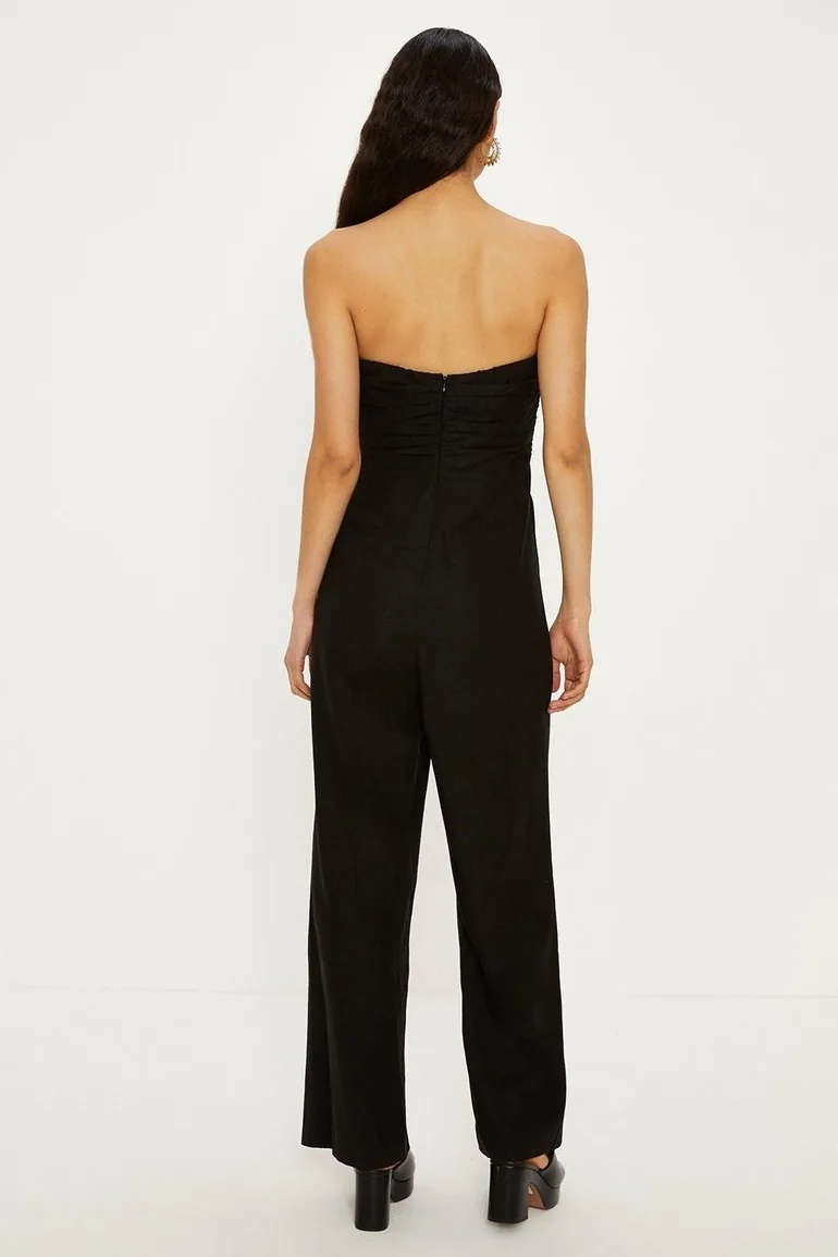 Linen Mix Ruched Detail Strapless Jumpsuit - 2