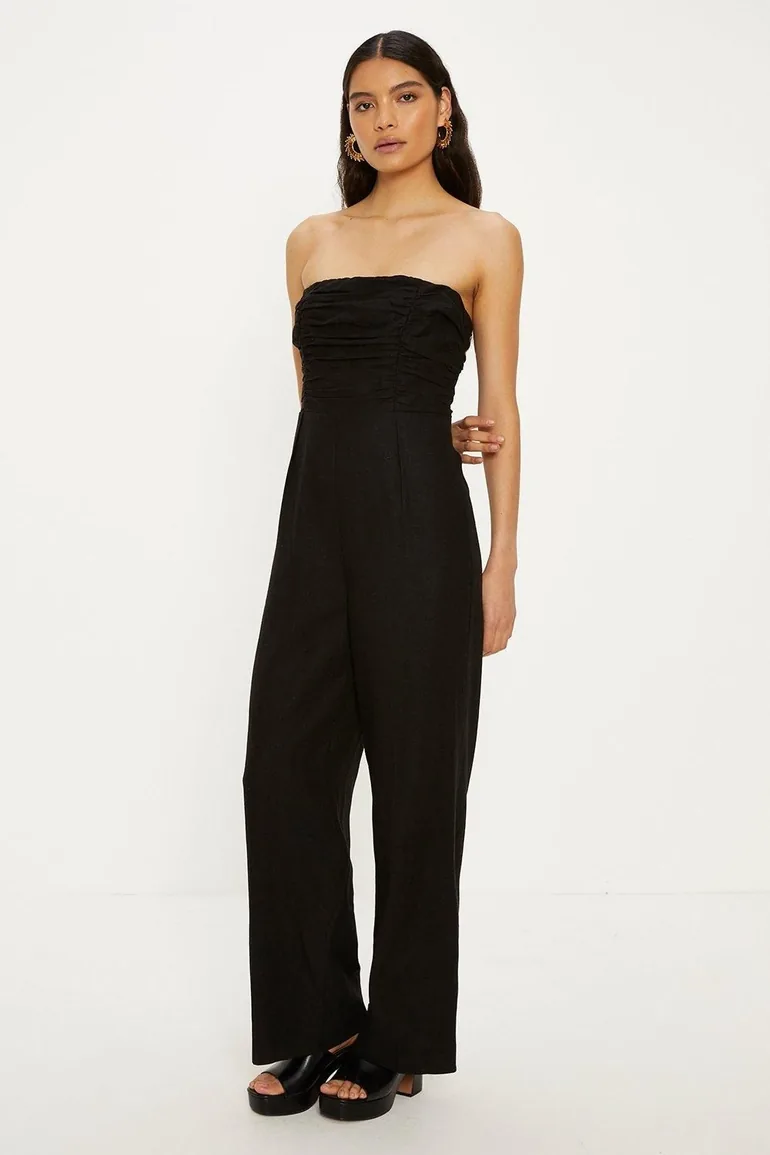 Linen Mix Ruched Detail Strapless Jumpsuit