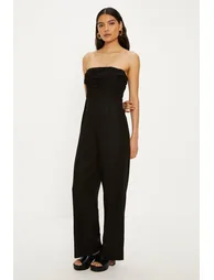 Linen Mix Ruched Detail Strapless Jumpsuit