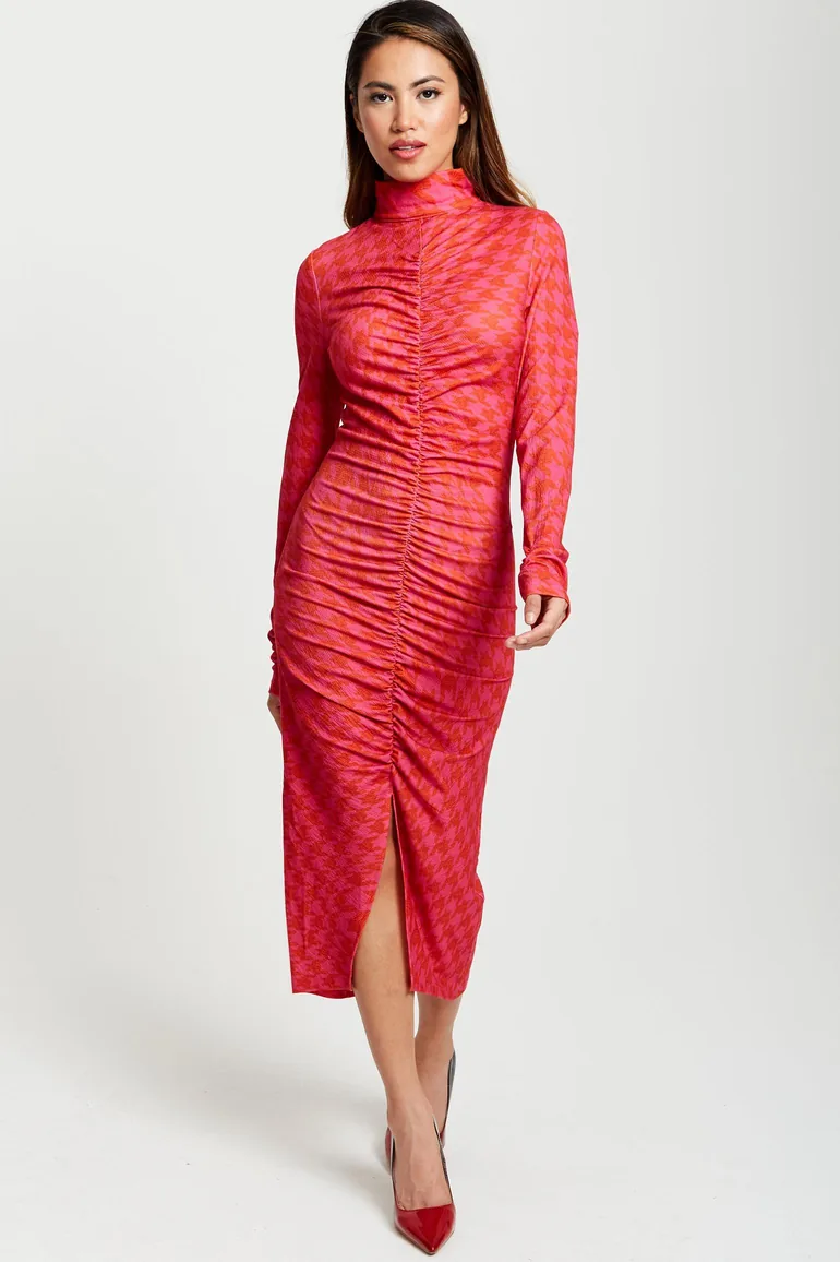 Women’s Midi Dress with Long Sleeves in Distorted Houndstooth Print and Ruching Detail.