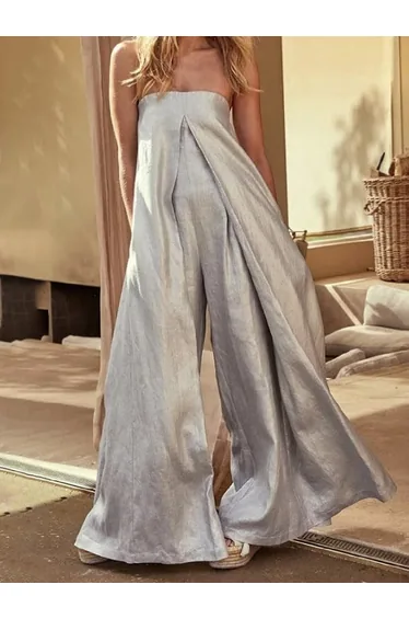 Casual Wide Leg Strapless Solid Color Tube Jumpsuits