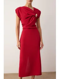 Red Straight Midi Woven Dress with Accessories Detail - 2