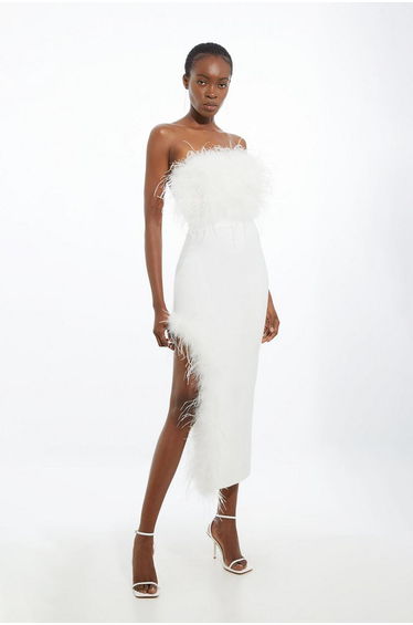 Figure Form Bandage Feather Detail Bandeau Knit Midaxi Dress
