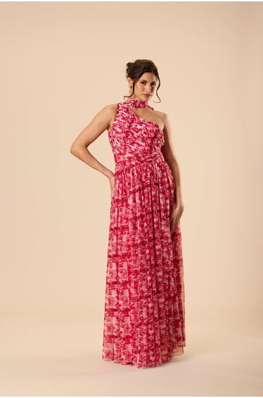 One Shoulder Tulle Maxi Dress in Red Floral with Scarf