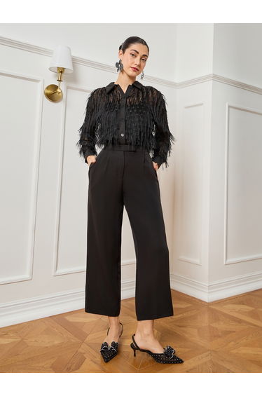 Women Black Fringe Detail Buttoned Shirt