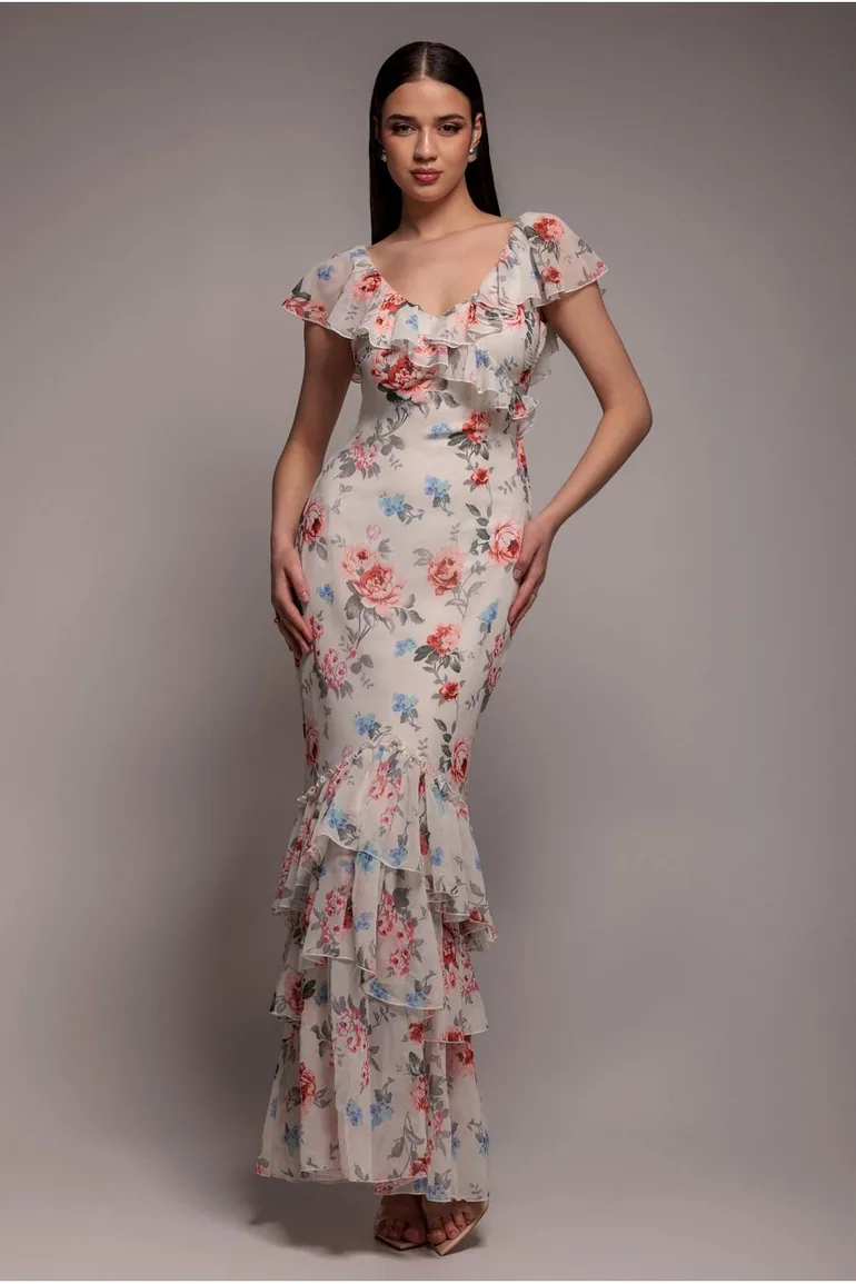 Goddiva Floral Printed Chiffon Ruffle Maxi - 2