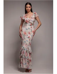 Goddiva Floral Printed Chiffon Ruffle Maxi - 2
