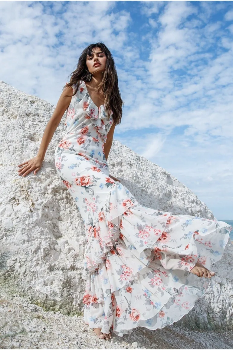 Goddiva Floral Printed Chiffon Ruffle Maxi - 4