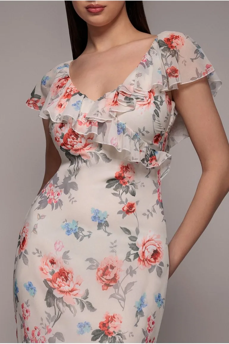 Goddiva Floral Printed Chiffon Ruffle Maxi - 1