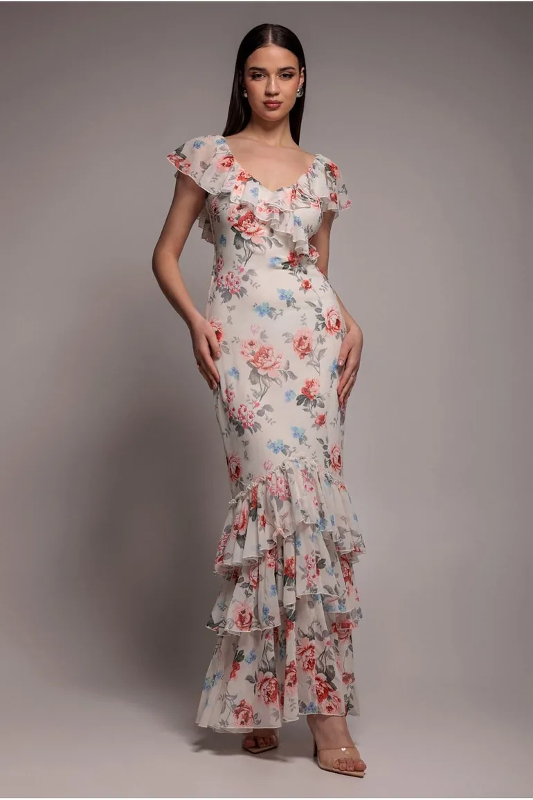 Goddiva Floral Printed Chiffon Ruffle Maxi