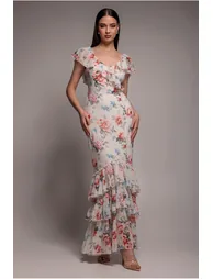 Goddiva Floral Printed Chiffon Ruffle Maxi