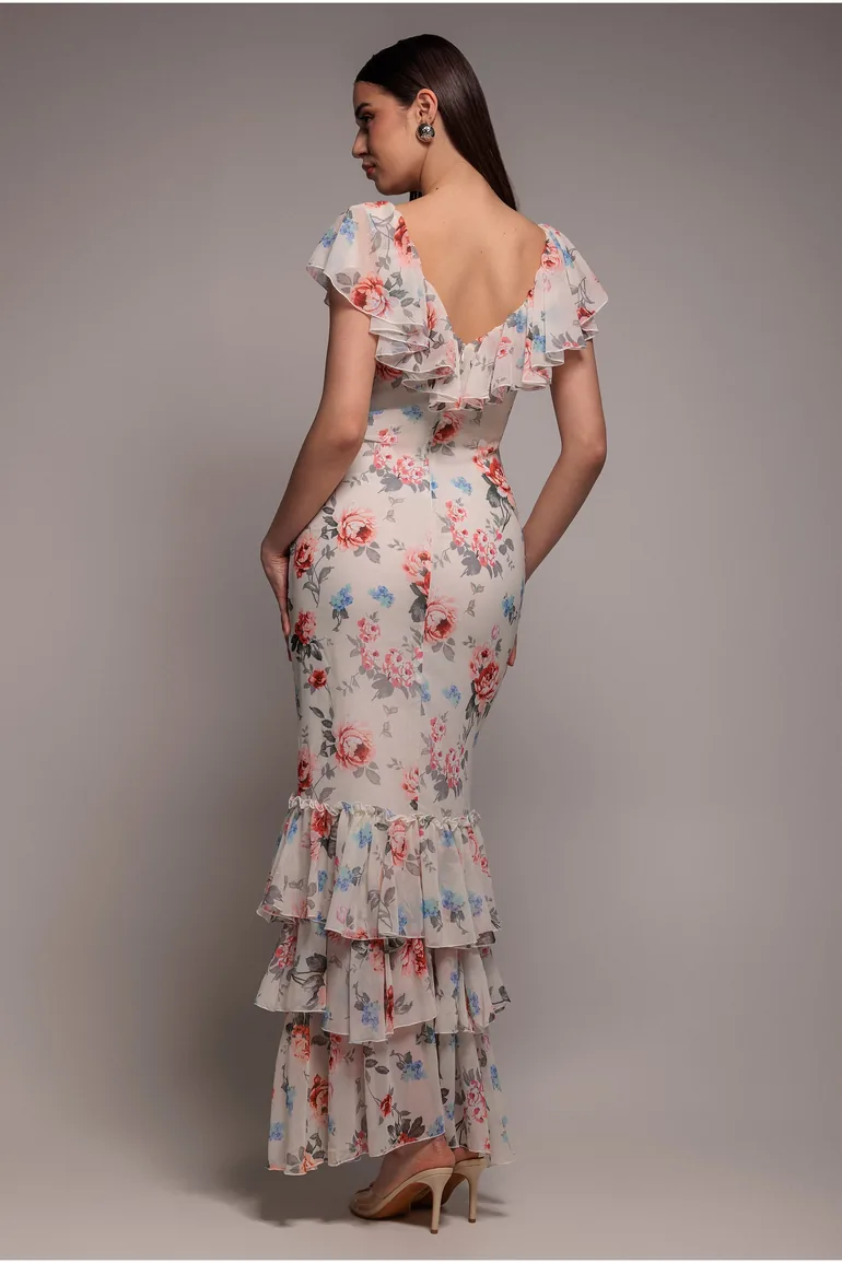 Goddiva Floral Printed Chiffon Ruffle Maxi - 3