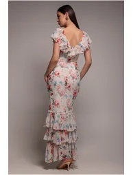 Goddiva Floral Printed Chiffon Ruffle Maxi - 3