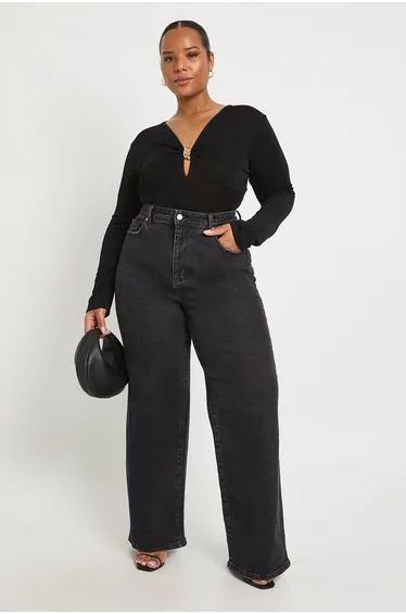 Plus Gold Trim Keyhole Bodysuit - black