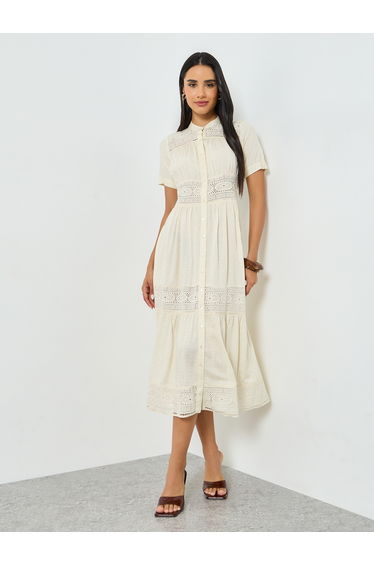 Crem Lace Insert Buttoned Shirt Midi Dress