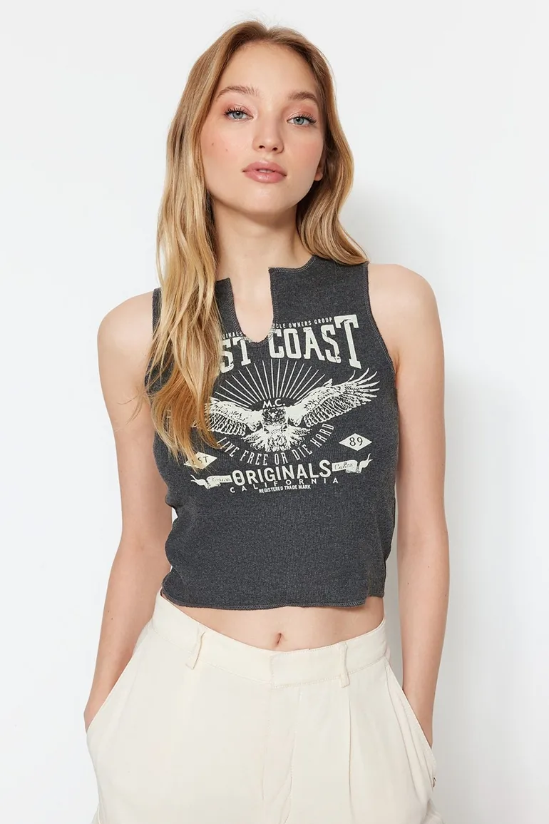 Anthracite Fitted/Sticky Collar Detail, Printed Corduroy Crop, Stretchy Knit Undershirt - 1