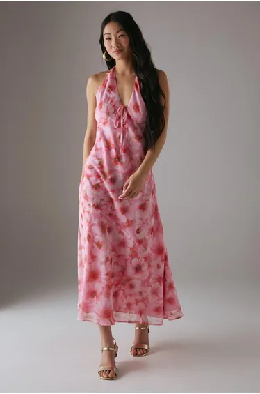 Petite Chiffon Bias Tie Front Low Back Halter Midi Dress