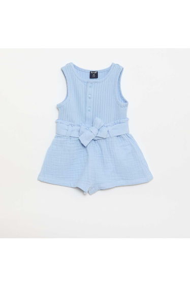 Double cotton gauze romper with tie belt BLUE