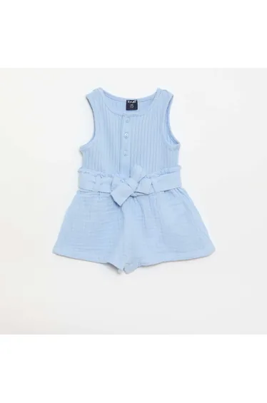 Double cotton gauze romper with tie belt BLUE