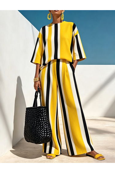 Striped Pockets Elasticity Contrast Color Wide Leg Loose Trousers Pants product thumbnail 3