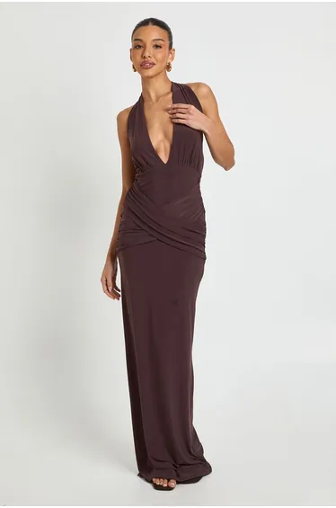 Slinky Plunge Halterneck Wrap Waist Maxi Dress - chocolate